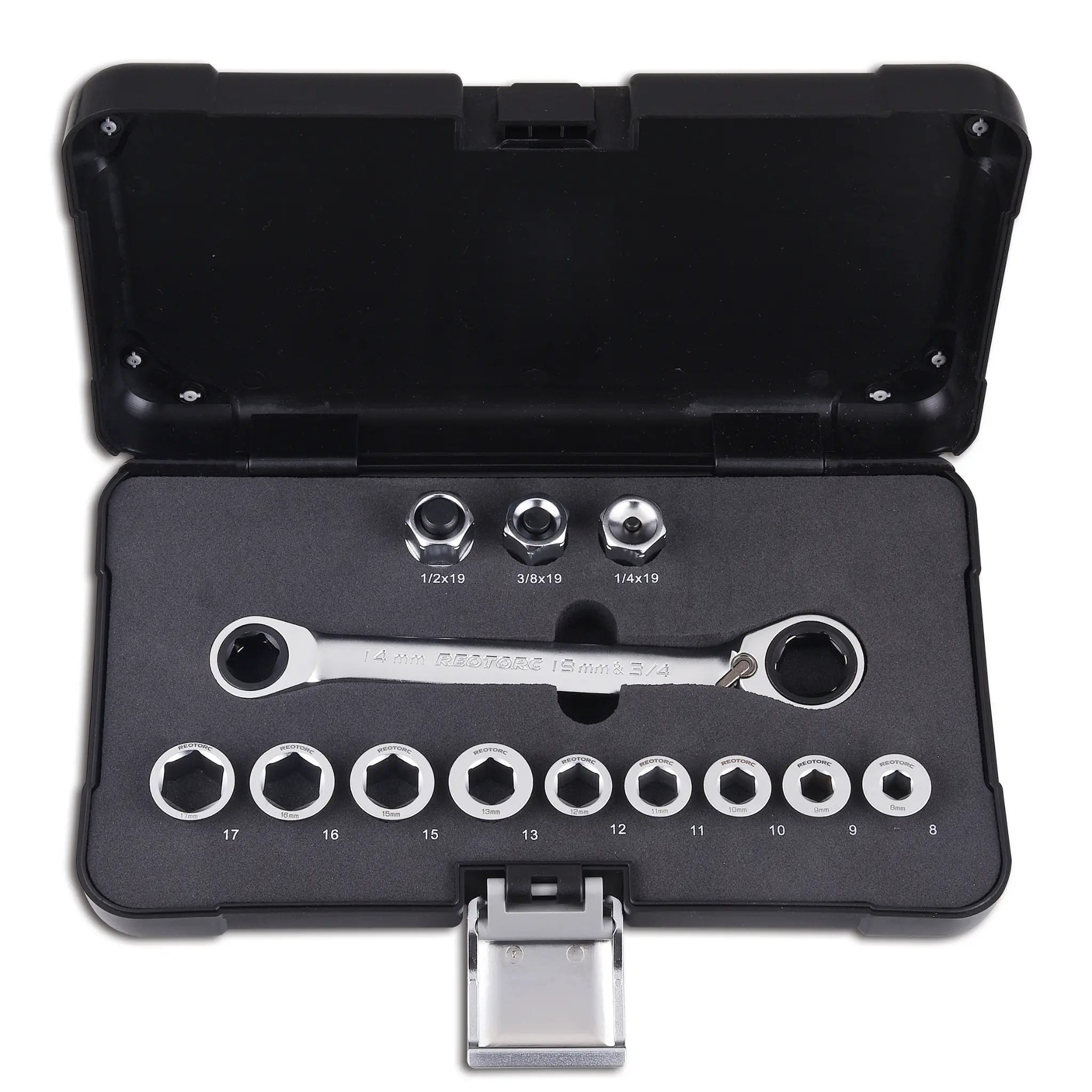 REOTORC 13PCE 6-Point Double Off Ring Driver Ratcheting Reversible Spanner with Adaptor Set